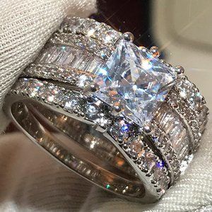 NEW 3 PC/Set Princess Cut Silver Diamond Ring